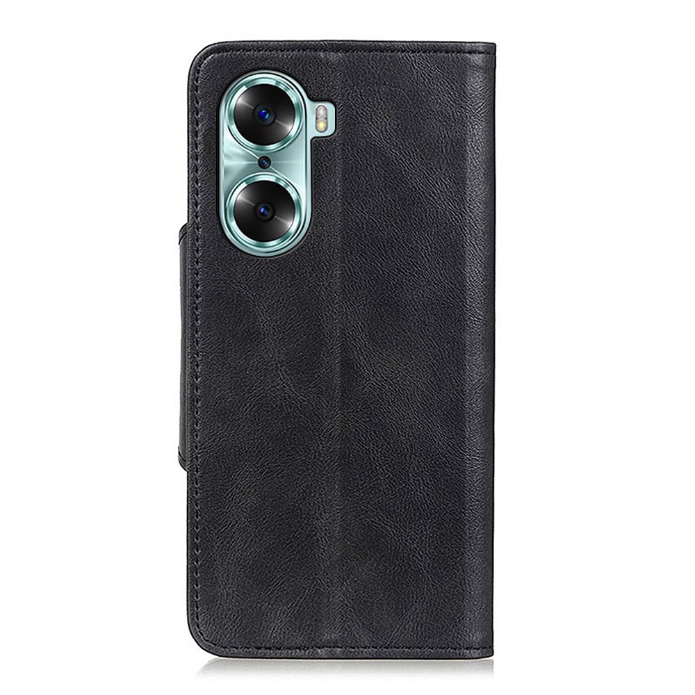Brass Buckle Magnetic Protective PU Leather Shockproof TPU Flip Stand Cover with Wallet for Honor 60 - Black-3