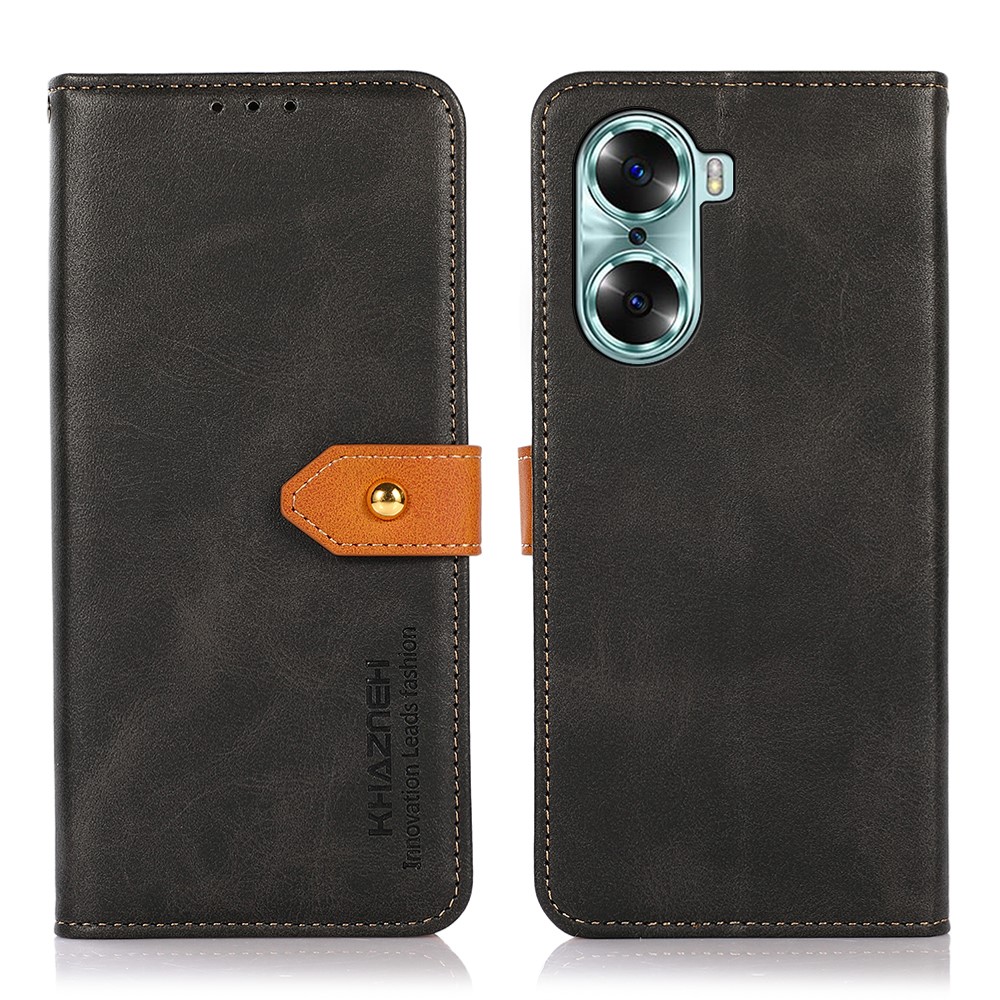 KHAZNEH Magnetic Golden Clasp PU Leather Shockproof TPU Shell Stand Flip Wallet Phone Cover for Honor 60 - Black-1