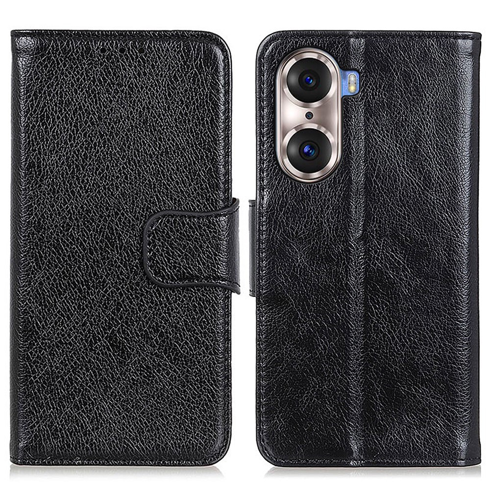 Nappa Texture Split Leather Wallet Case Stand Flip Protective Cover for Honor 60 Pro - Black-1