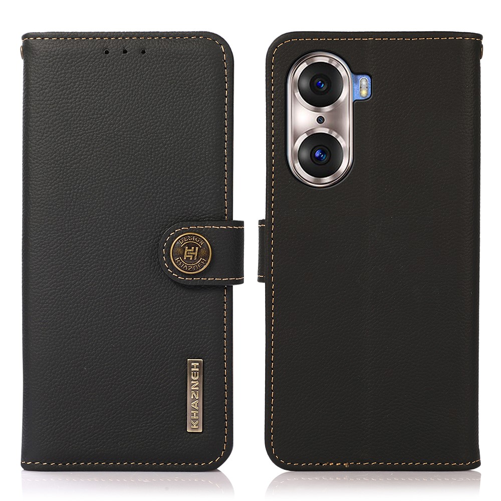 KHAZNEH Top Layer Genuine Leather Phone Case Stand RFID Blocking Wallet Magnetic Cover for Honor 60 Pro - Black-1