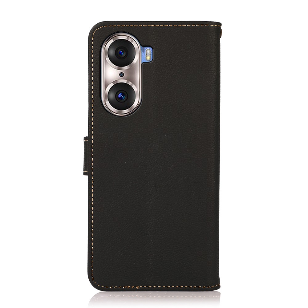 KHAZNEH Top Layer Genuine Leather Phone Case Stand RFID Blocking Wallet Magnetic Cover for Honor 60 Pro - Black-3
