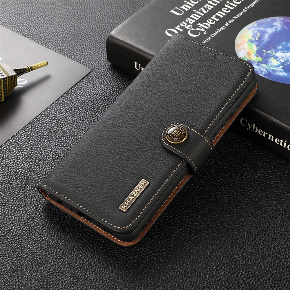 KHAZNEH Top Layer Genuine Leather Phone Case Stand RFID Blocking Wallet Magnetic Cover for Honor 60 Pro - Black-6