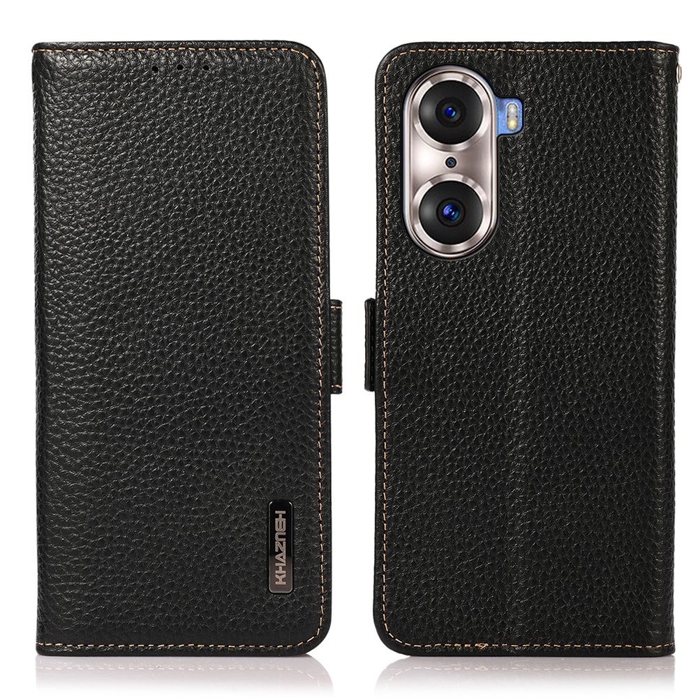 KHAZNEH Protective TPU Inner Shell Litchi Texture Genuine Leather RFID Blocking Wallet Stand Cover for Honor 60 Pro - Black-1
