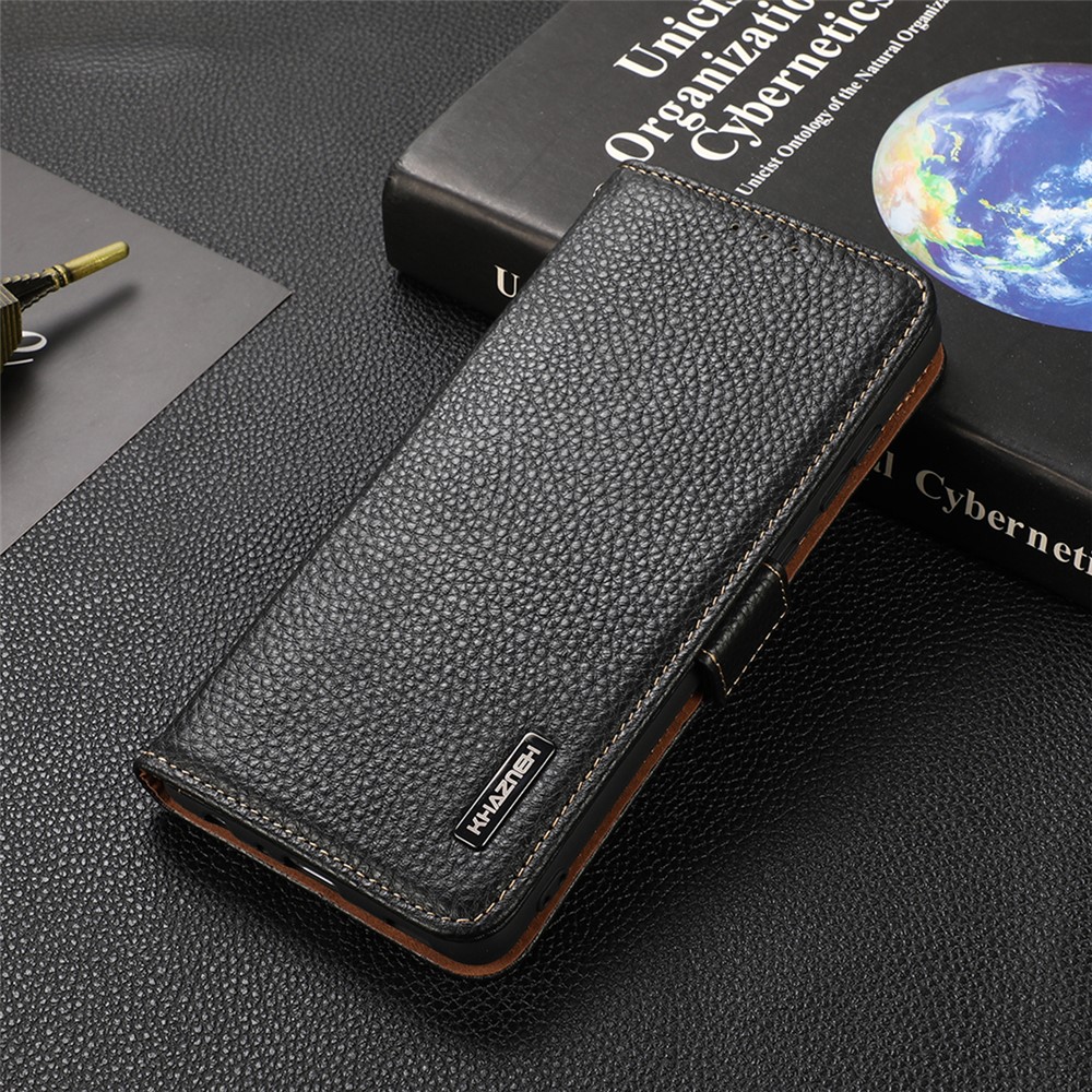 KHAZNEH Protective TPU Inner Shell Litchi Texture Genuine Leather RFID Blocking Wallet Stand Cover for Honor 60 Pro - Black-6
