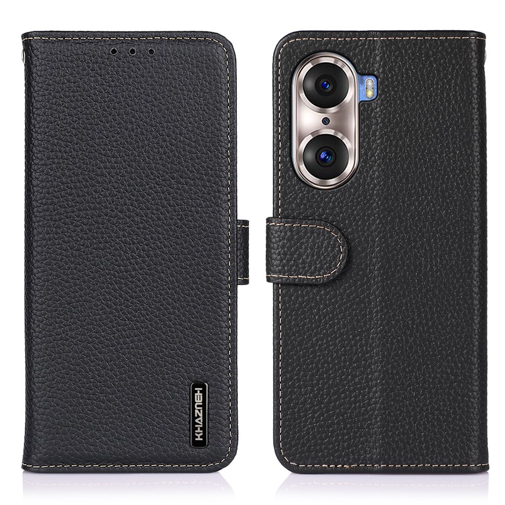 KHAZNEH Full Stylish Litchi Texture Wallet Case Genuine Leather Folio Flip Stand Cover for Honor 60 Pro - Black-1