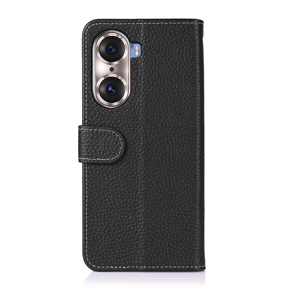 KHAZNEH Full Stylish Litchi Texture Wallet Case Genuine Leather Folio Flip Stand Cover for Honor 60 Pro - Black-3