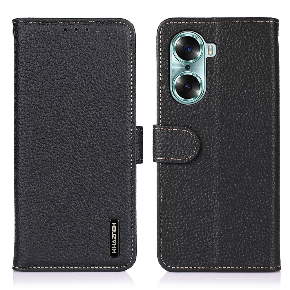 KHAZNEH Litchi Texture Genuine Leather Wallet Folio Flip Cover Magnetic Closure Stand Phone Case for Honor 60 - Black-1
