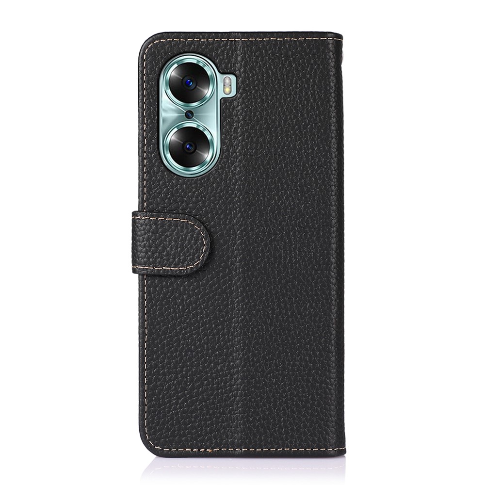 KHAZNEH Litchi Texture Genuine Leather Wallet Folio Flip Cover Magnetic Closure Stand Phone Case for Honor 60 - Black-3