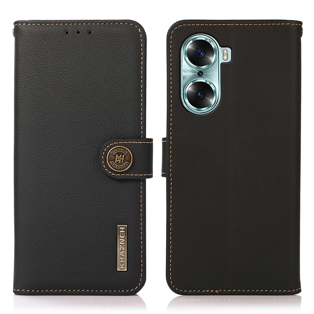 KHAZNEH Top Layer Genuine Leather Flip Wallet Case RFID Blocking Stand Shockproof TPU Inner Shell Phone Cover for Honor 60 - Black-1