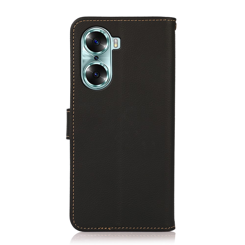 KHAZNEH Top Layer Genuine Leather Flip Wallet Case RFID Blocking Stand Shockproof TPU Inner Shell Phone Cover for Honor 60 - Black-3