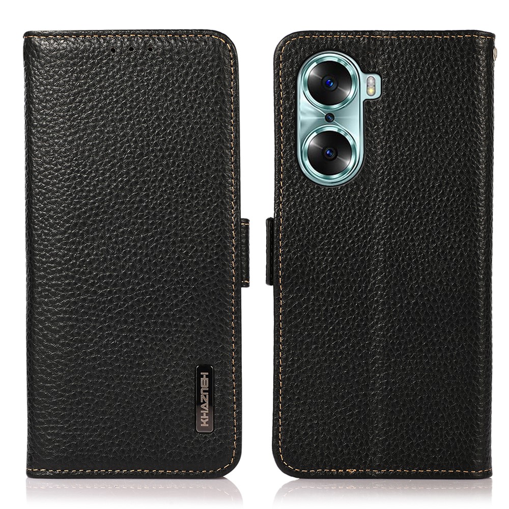 KHAZNEH RFID Blocking Flip Folio Wallet Case Stand Litchi Texture Top Layer Genuine Leather Phone Cover for Honor 60 - Black-1