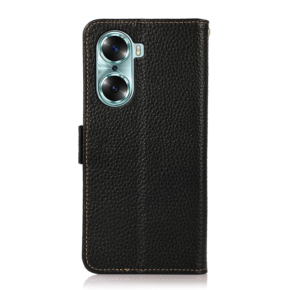 KHAZNEH RFID Blocking Flip Folio Wallet Case Stand Litchi Texture Top Layer Genuine Leather Phone Cover for Honor 60 - Black-3