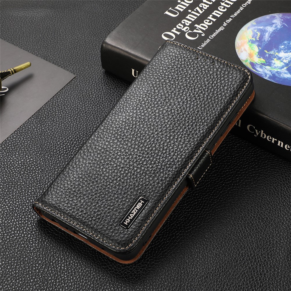 KHAZNEH RFID Blocking Flip Folio Wallet Case Stand Litchi Texture Top Layer Genuine Leather Phone Cover for Honor 60 - Black-6