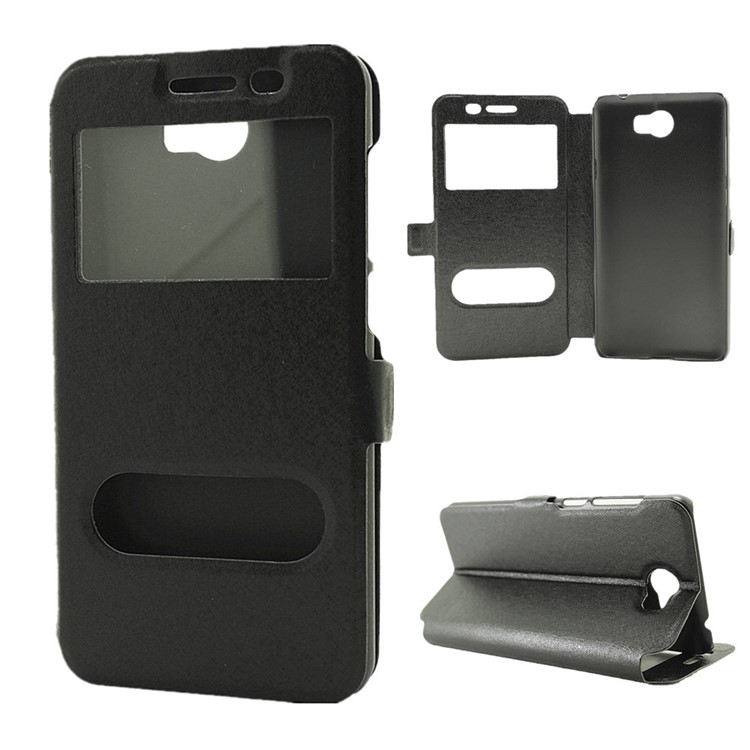 Silk Texture Dual Window Leather Case for Huawei Y5II / Y5 II - Black-1