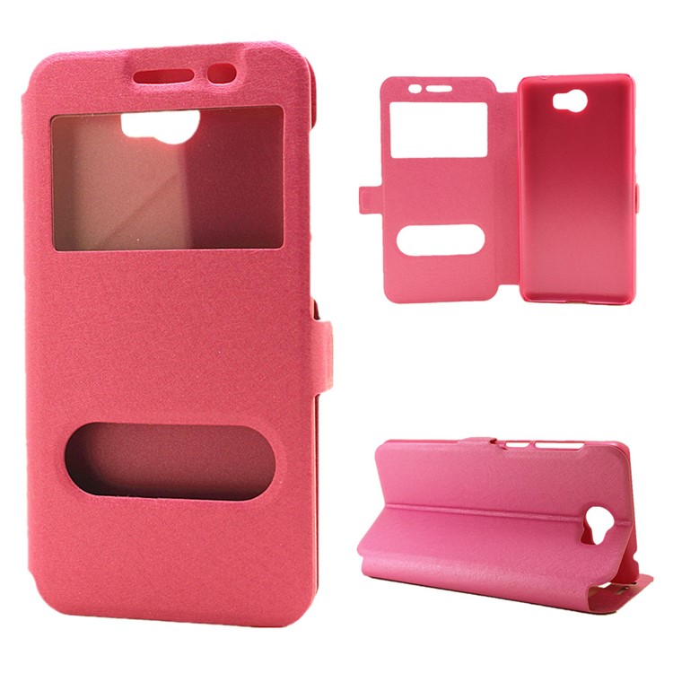 Silk Texture Dual Window Leather Shell for Huawei Y5II / Y5 II - Rose-1