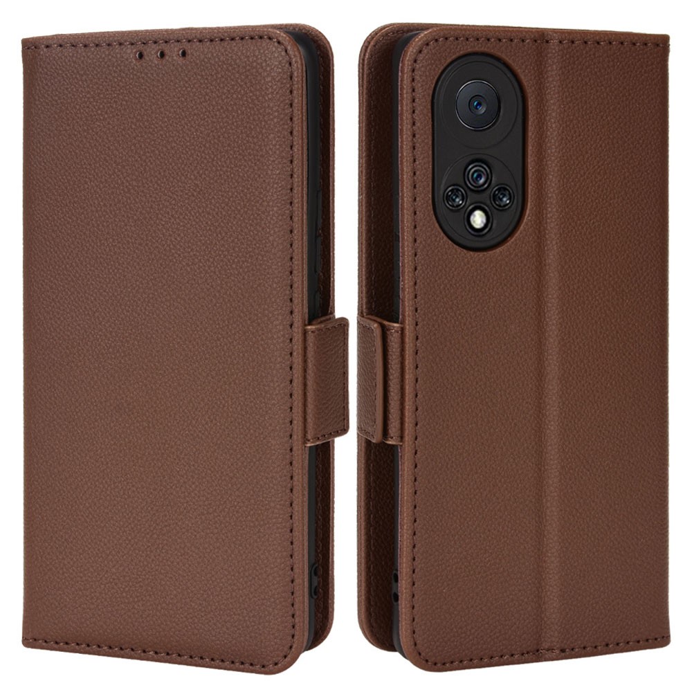 Folio Flip Wallet Case Litchi Texture Shockproof PU Leather Protective Cover Shell with Stand for Huawei nova 9 - Brown-1