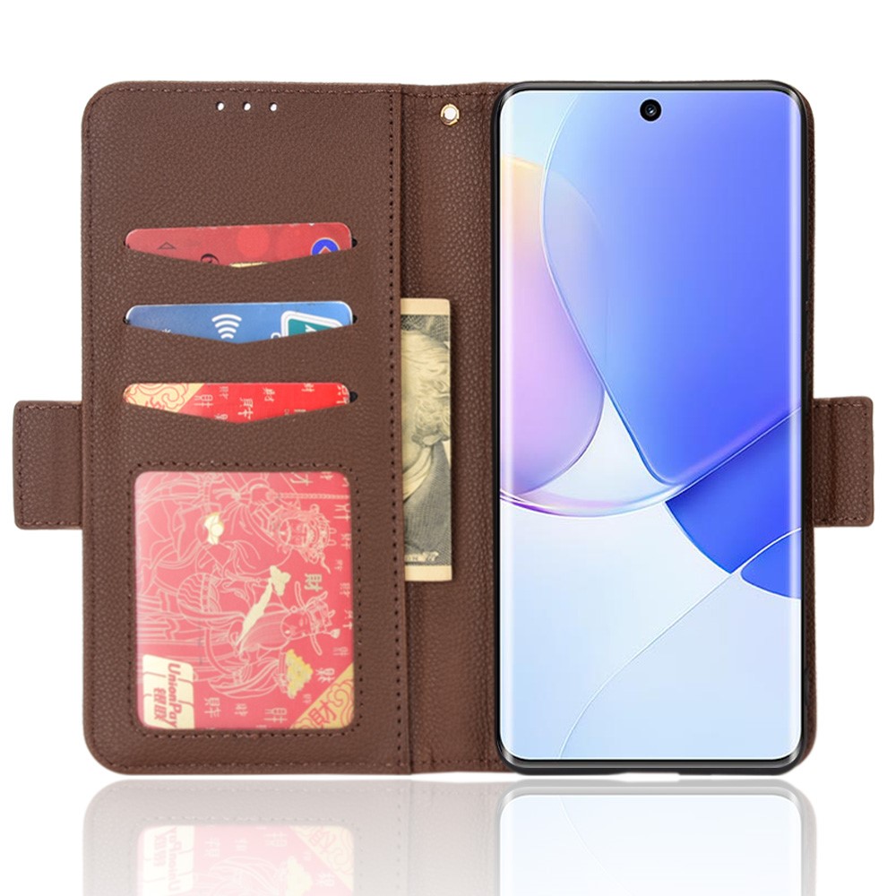 Folio Flip Wallet Case Litchi Texture Shockproof PU Leather Protective Cover Shell with Stand for Huawei nova 9 - Brown-4