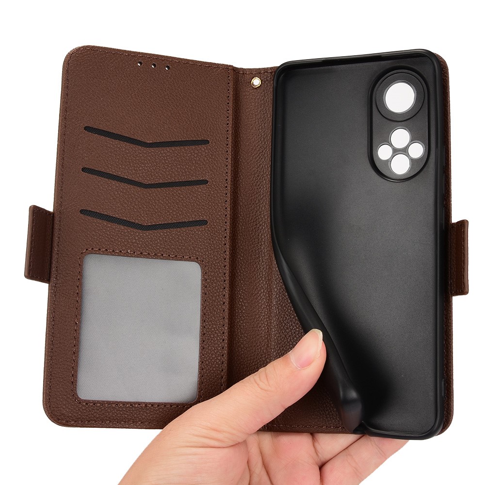 Folio Flip Wallet Case Litchi Texture Shockproof PU Leather Protective Cover Shell with Stand for Huawei nova 9 - Brown-6