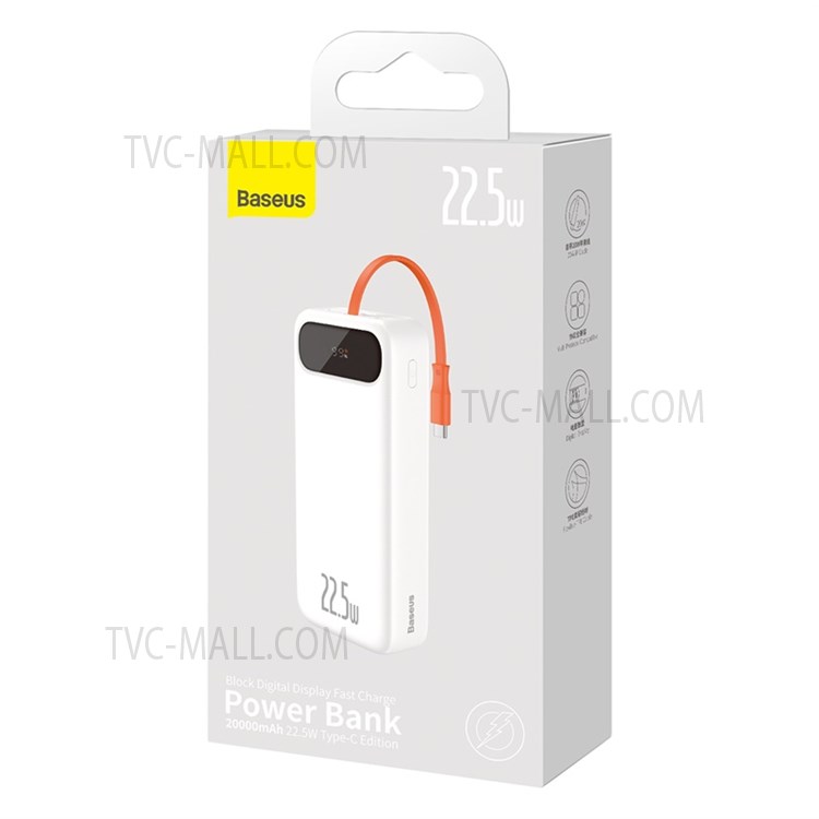 BASEUS Digital Display Fast Charge Power Bank 20000mAh 22.5W Built-in Type C Cable External Battery (with USB to Type-C 3A 0.5m Cable) - White-11