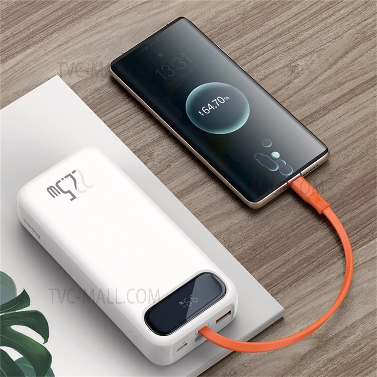 BASEUS Digital Display Fast Charge Power Bank 20000mAh 22.5W Built-in Type C Cable External Battery (with USB to Type-C 3A 0.5m Cable) - White-8