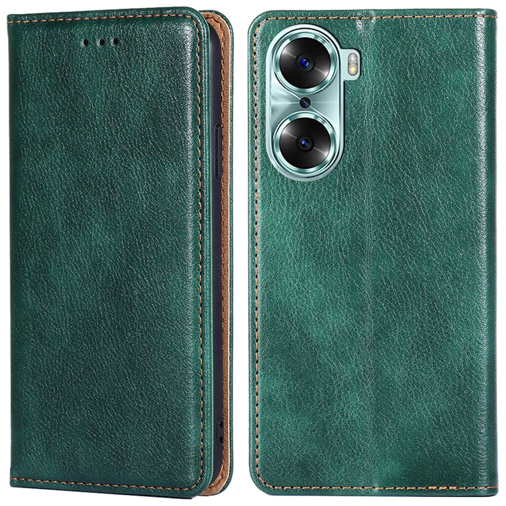 Wallet Design PU Leather Phone Case Folding Stand Magnetic Absorption Flip Cover for Honor 60 - Green-1