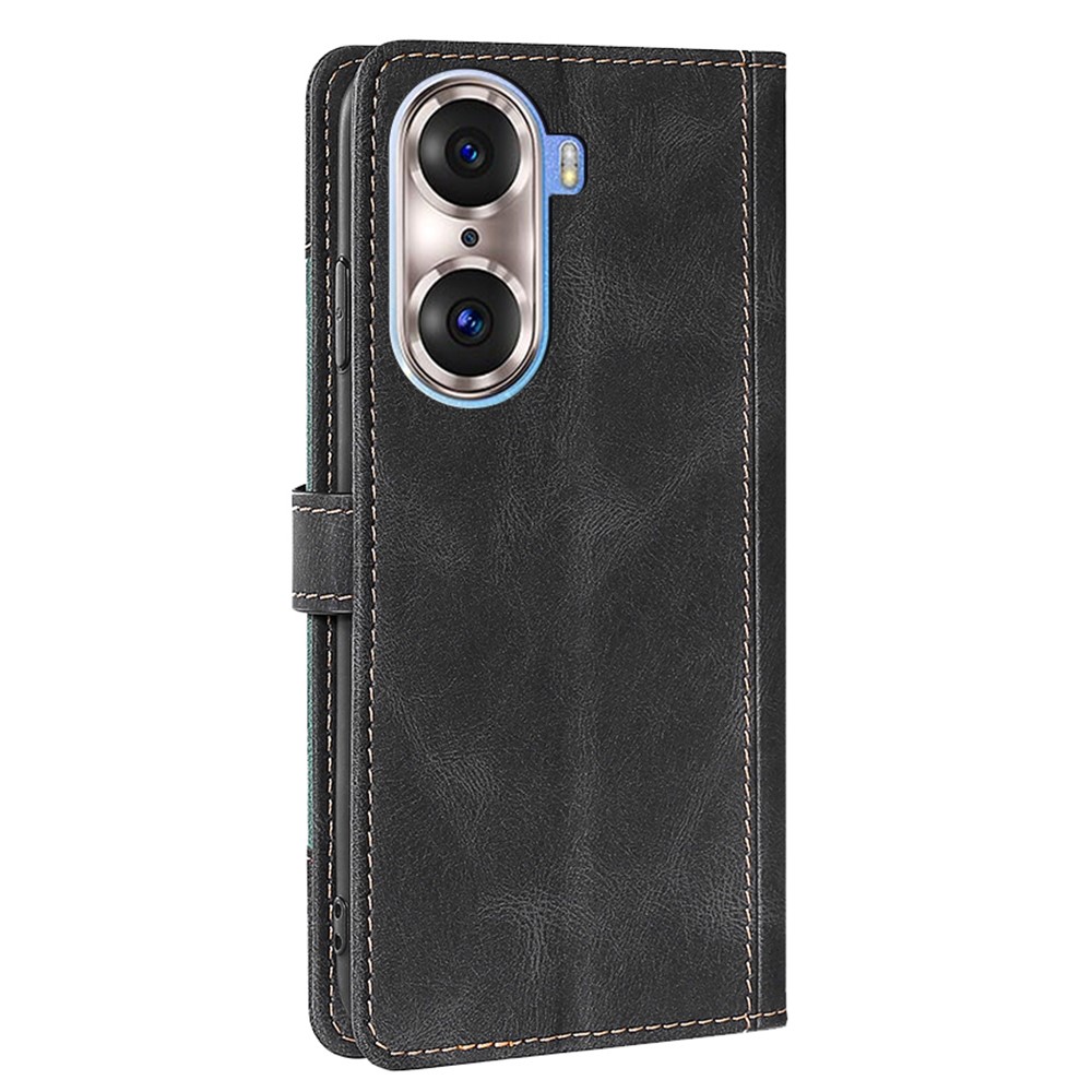 For Honor 60 Pro Flip Wallet PU Leather Mobile Phone Cover Bi-color Splicing Style Stand Anti-fall Cell Phone Case - Black-2