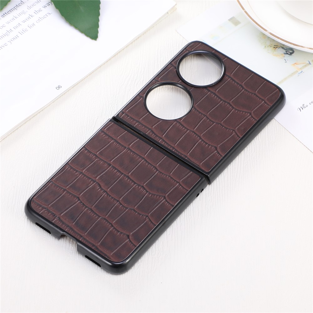 Mobile Phone Shell Cover Anti-scratch Crocodile Texture Genuine Leather Coated PC Phone Case for Huawei P50 Pocket - Brown-3