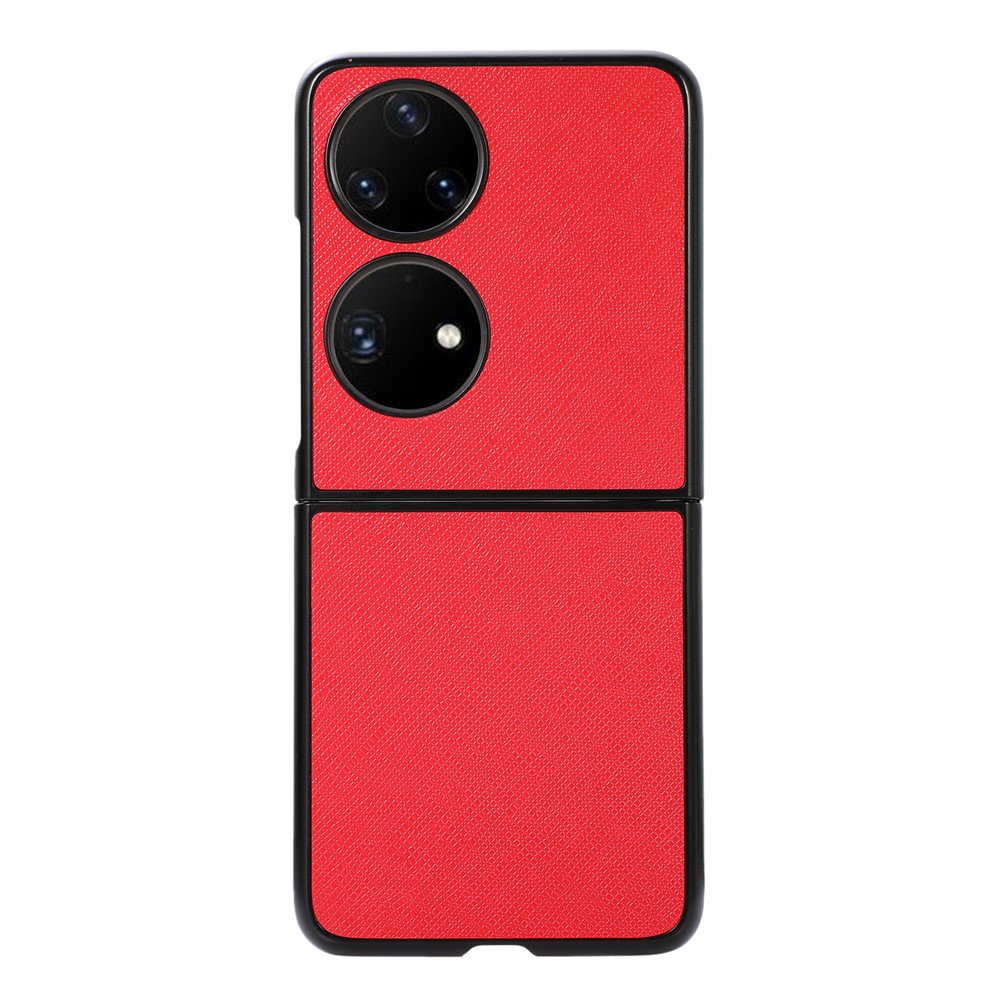Cross Texture Well-protected Genuine Leather Coating PC Phone Shell Case for Huawei P50 Pocket - Red-1