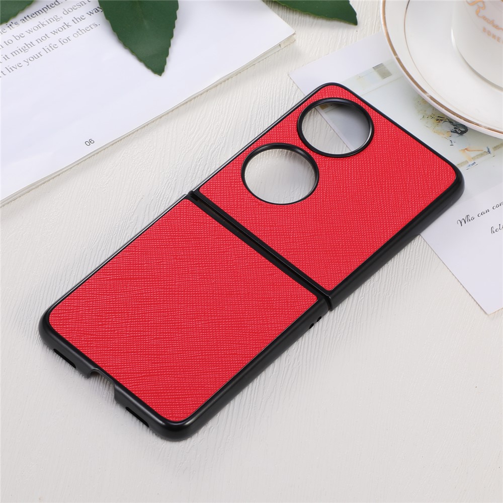 Cross Texture Well-protected Genuine Leather Coating PC Phone Shell Case for Huawei P50 Pocket - Red-3