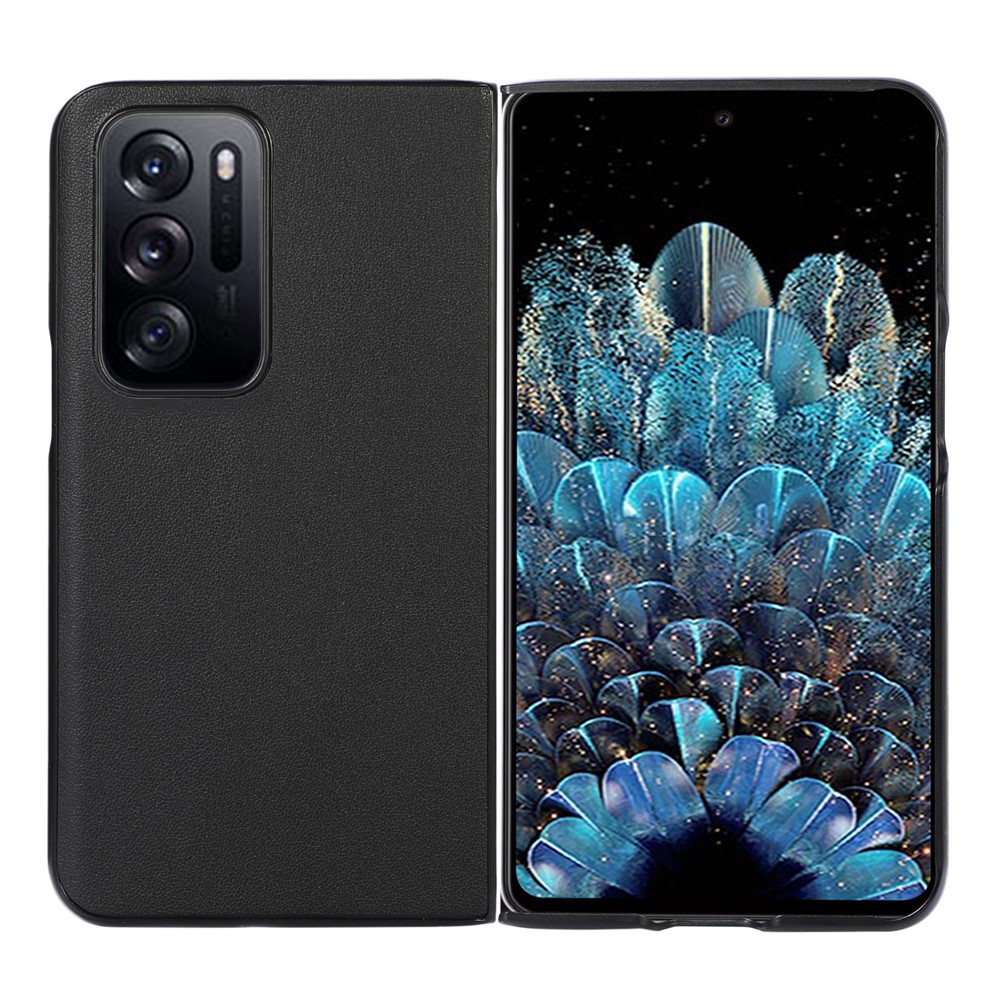 Anti-scratch Anti-drop Textured Genuine Cell Phone Cover Leather Coated Hard PC Case for Oppo Find N - Black-1