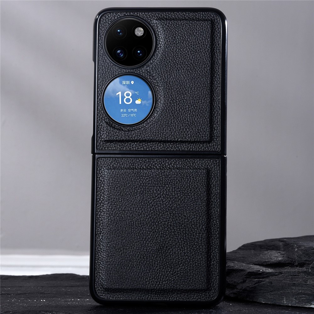 Drop Resistant Top Layer Genuine Leather + PC Phone Case Shell for Huawei P50 Pocket - Black-2