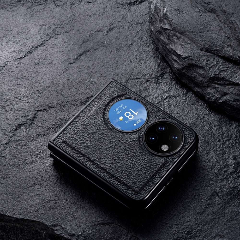 Drop Resistant Top Layer Genuine Leather + PC Phone Case Shell for Huawei P50 Pocket - Black-5