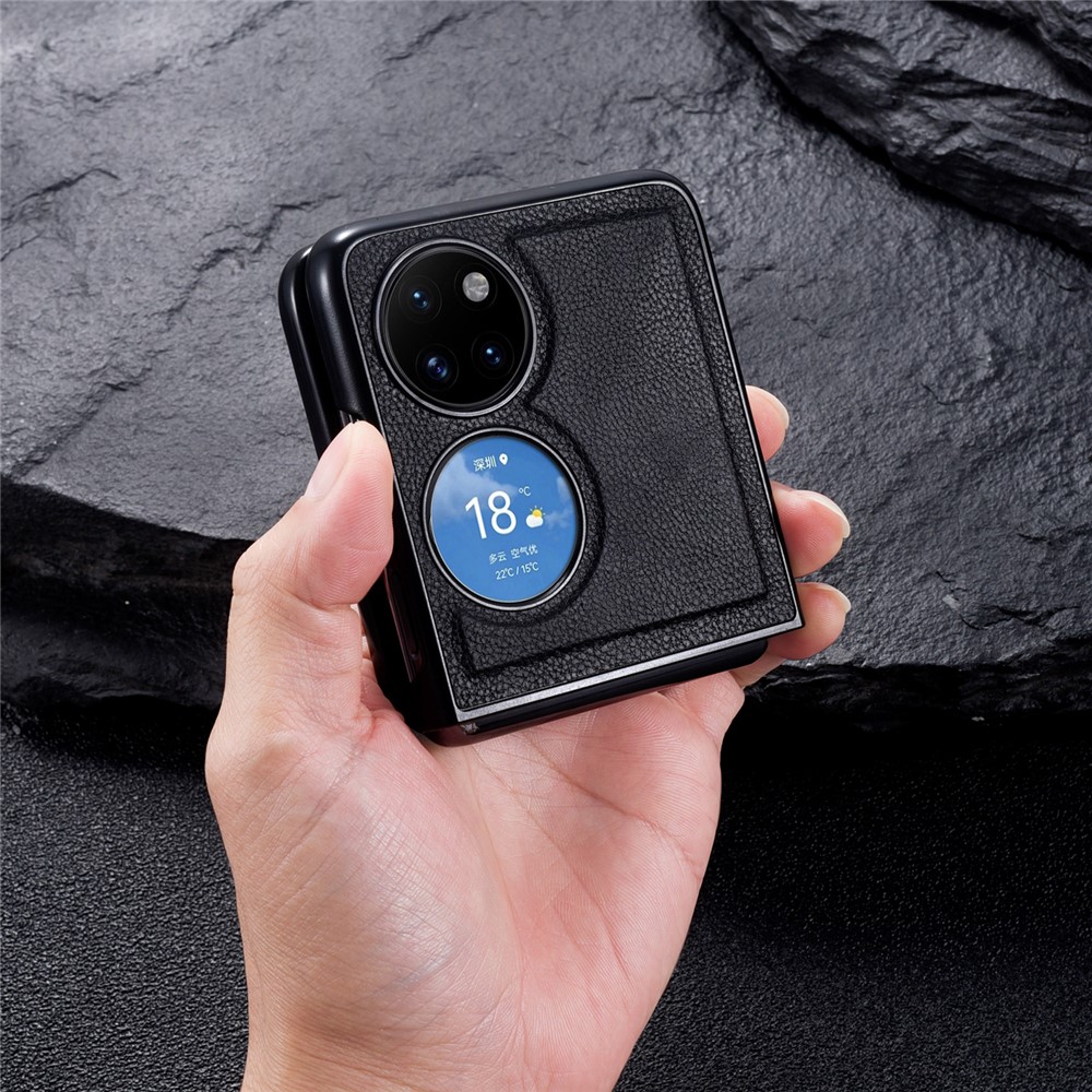 Drop Resistant Top Layer Genuine Leather + PC Phone Case Shell for Huawei P50 Pocket - Black-6