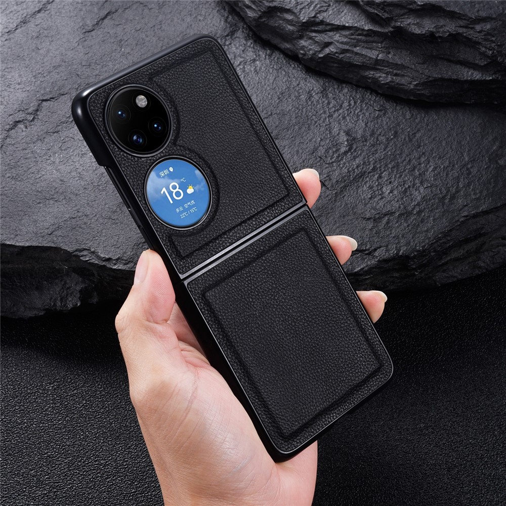 Drop Resistant Top Layer Genuine Leather + PC Phone Case Shell for Huawei P50 Pocket - Black-7