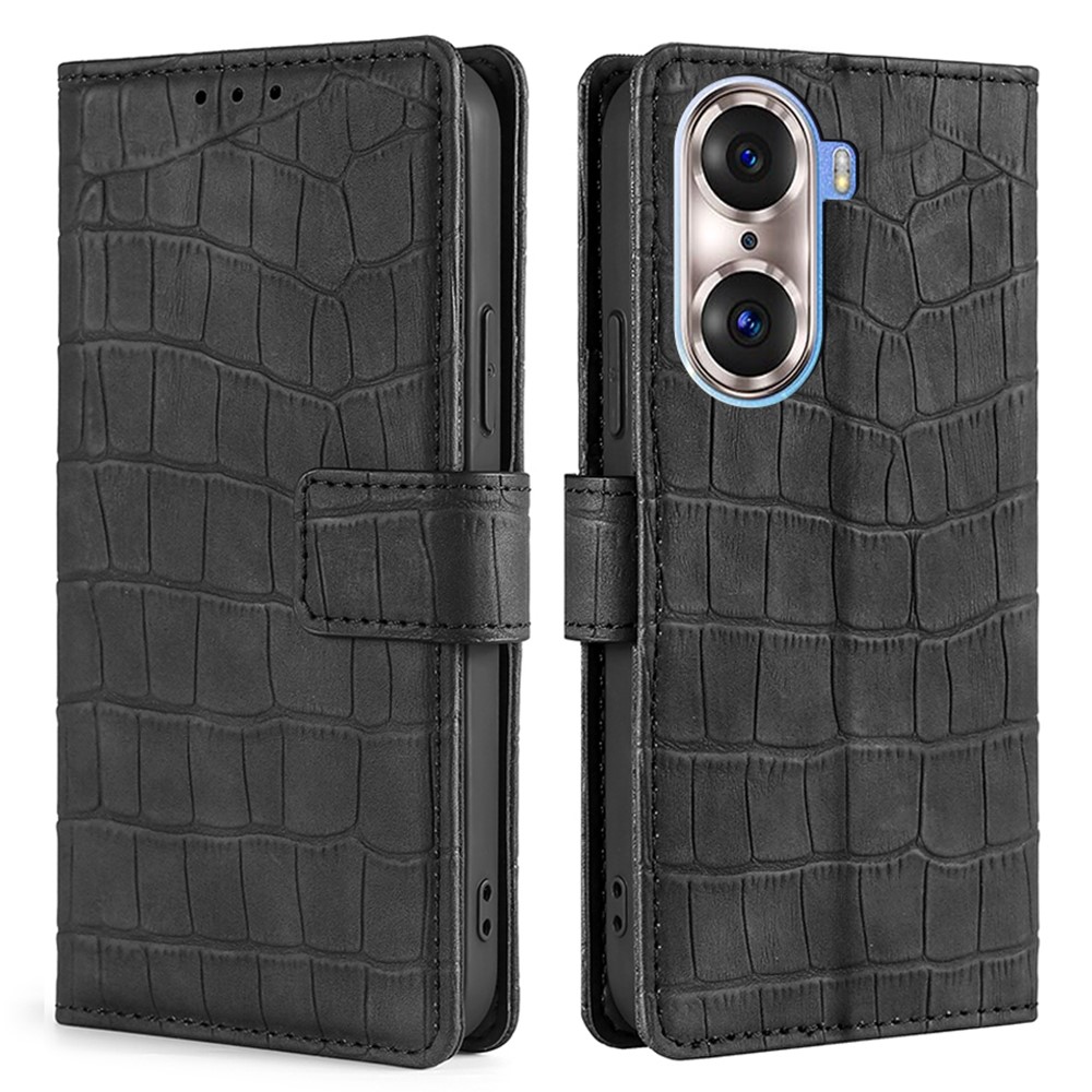 Shockproof PU Leather Crocodile Texture Phone Case Wallet Skin-touch Feeling Stand Flip Full Protective Cover for Honor 60 Pro - Black-1