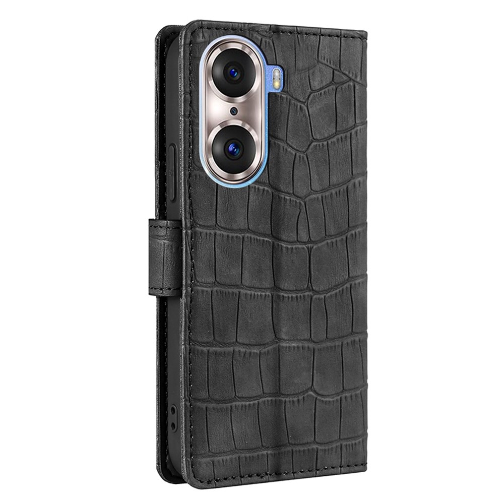 Shockproof PU Leather Crocodile Texture Phone Case Wallet Skin-touch Feeling Stand Flip Full Protective Cover for Honor 60 Pro - Black-2