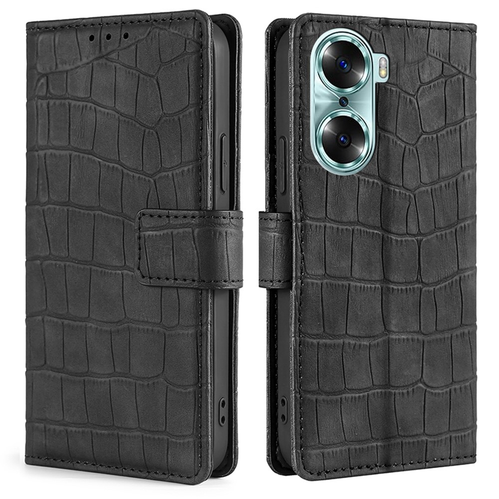 Skin-touch Feeling Stylish Crocodile Texture Shockproof PU Leather Phone Case Wallet Stand Flip Full Protective Cover for Honor 60 - Black-1