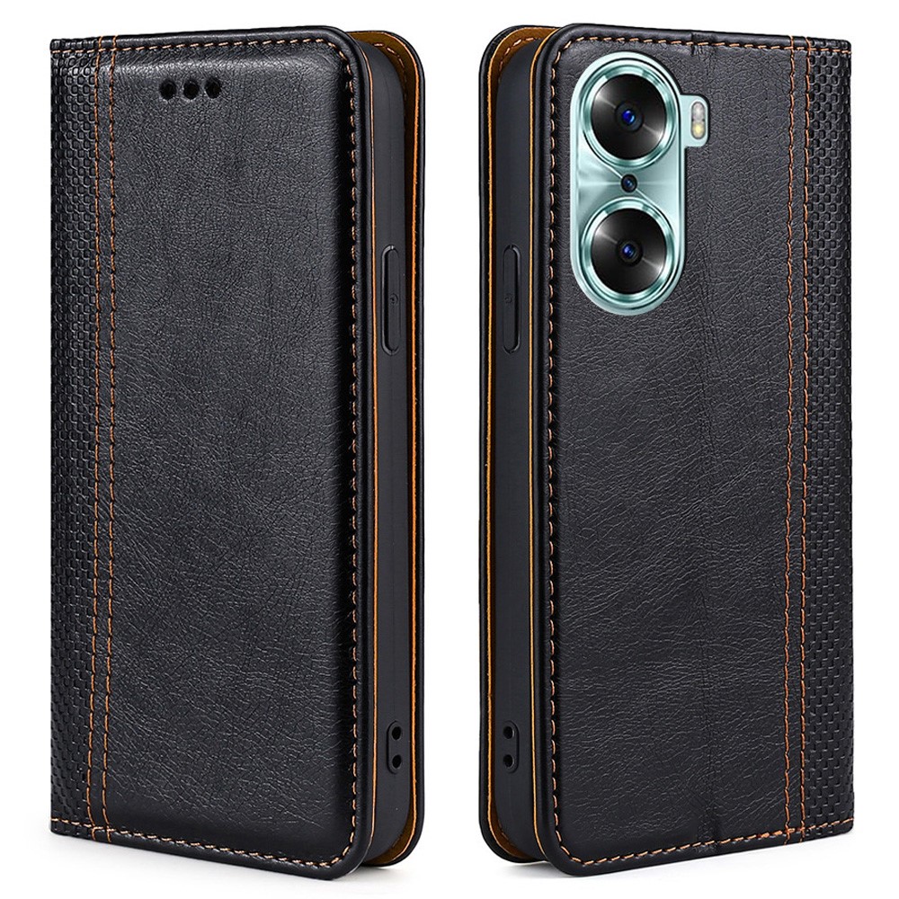 Plaid Pattern PU Leather Auto Magnetic Closed Case Card Slot Soft TPU Shockproof Flip Stand Cover for Honor 60 - Black-1