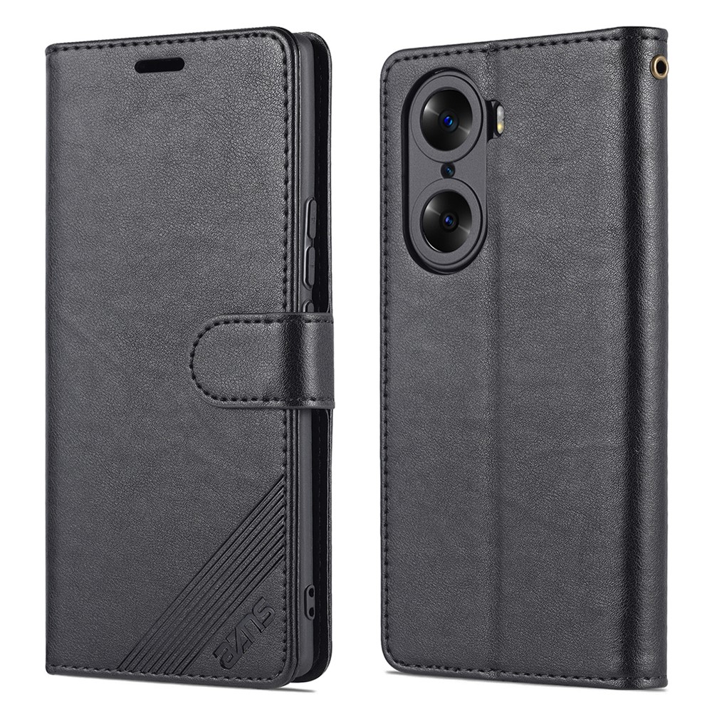 AZNS Anti-scratch Anti-fingerprint Textured TPU + PU Leather Stand Wallet Case Magnetic Phone Cover for Honor 60 Pro - Black-1