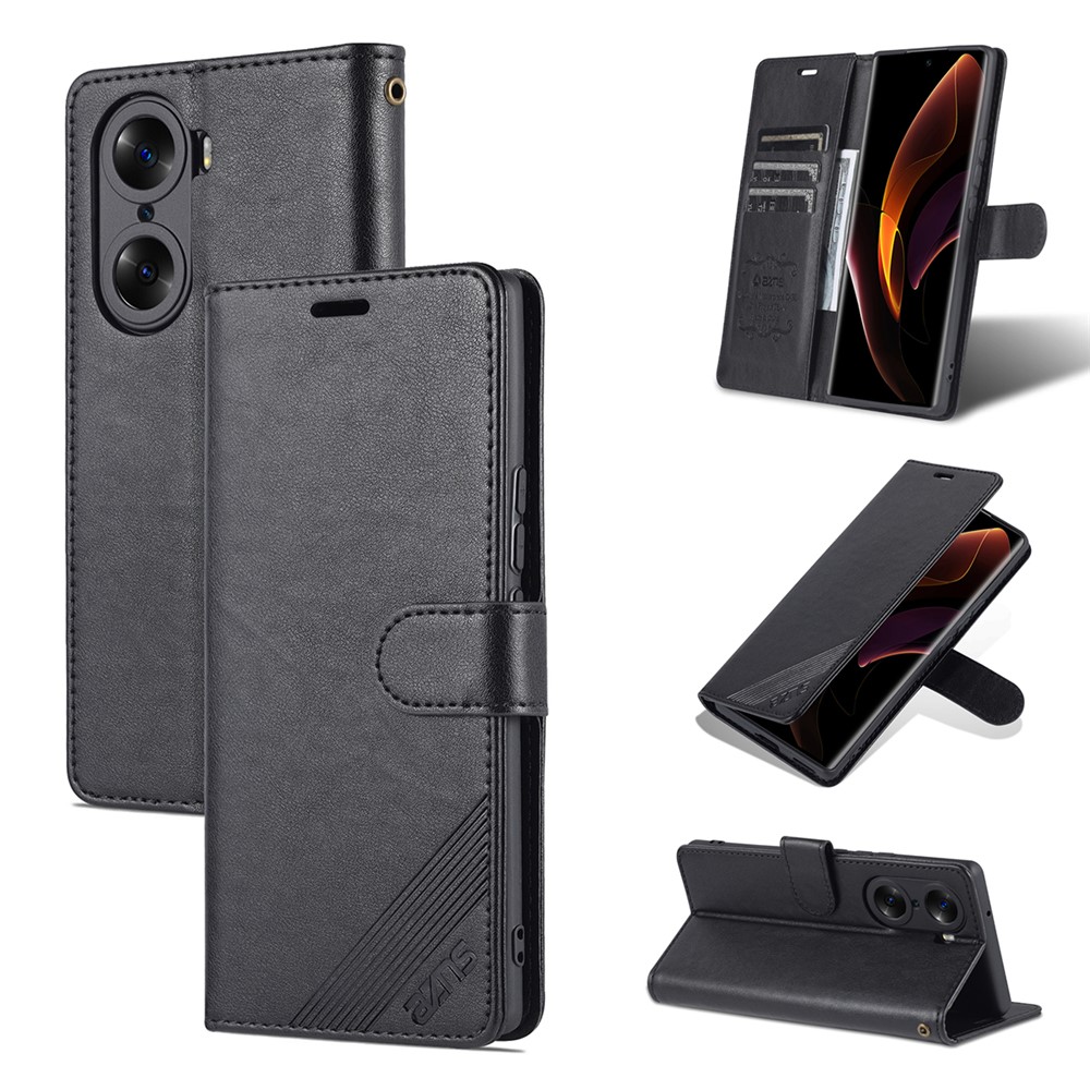 AZNS Stylish Textured PU Leather Stand Wallet Case Magnetic Clasp Shock-absorption Cover for Honor 60 - Black-10