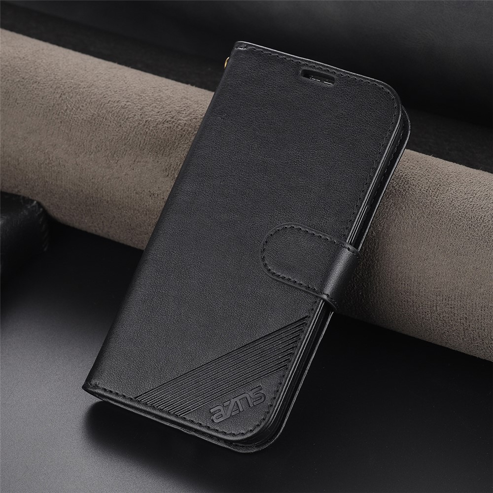 AZNS Stylish Textured PU Leather Stand Wallet Case Magnetic Clasp Shock-absorption Cover for Honor 60 - Black-6