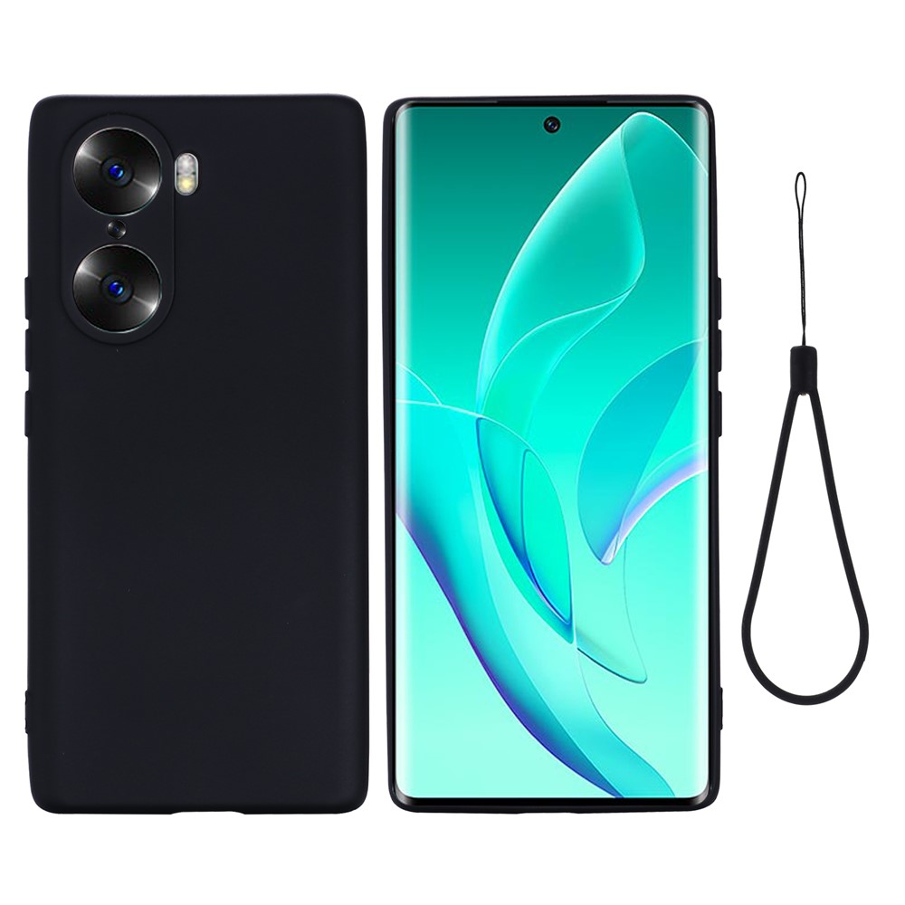 Slim Lightweight Liquid Silicone Soft Microfiber Lining Protective Back Cover with Strap for Honor 60 - Black-1