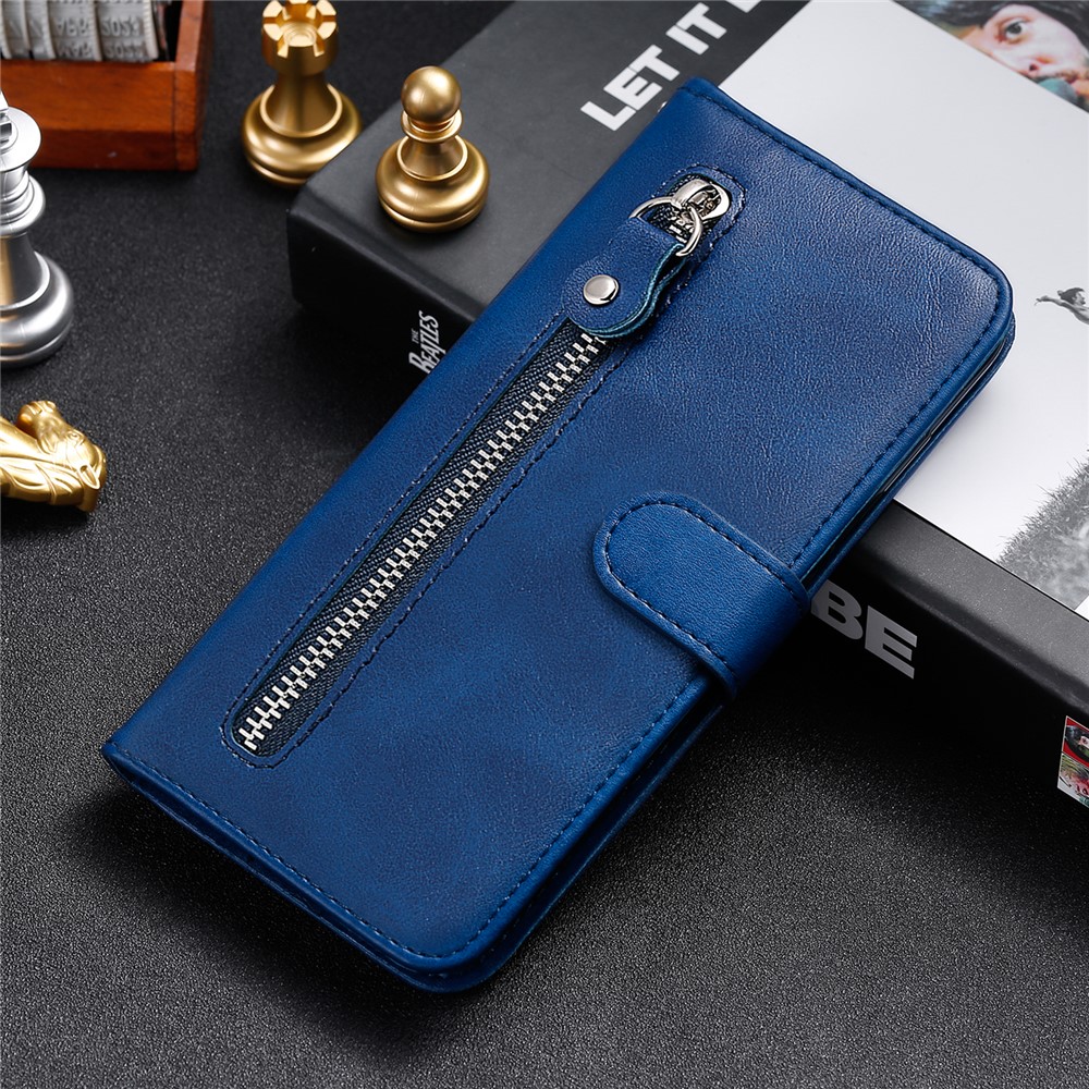 360 Degrees Wrapped PU Leather Zippered Pocket Phone Case Coin Holder Wallet Stand Folding Case for Honor 60 Pro - Blue-10