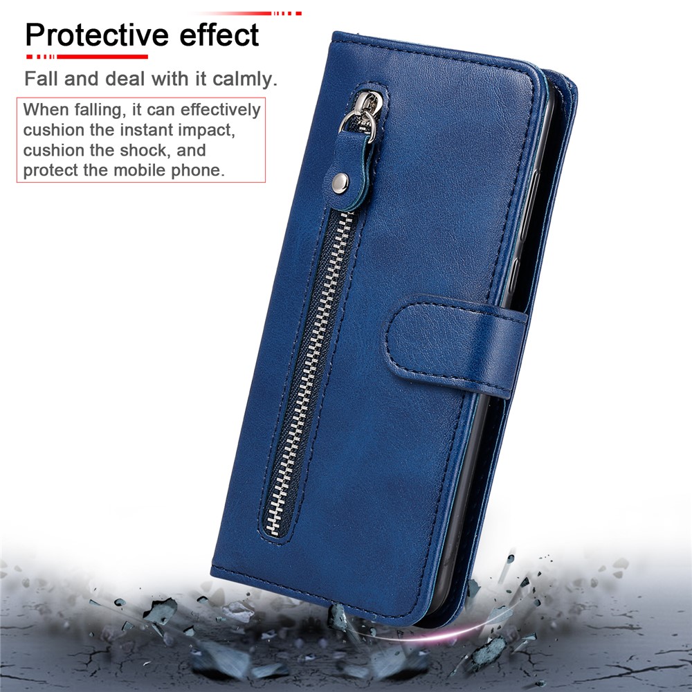 360 Degrees Wrapped PU Leather Zippered Pocket Phone Case Coin Holder Wallet Stand Folding Case for Honor 60 Pro - Blue-12