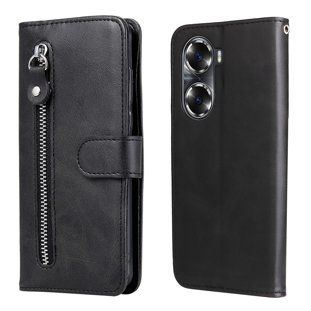 Drop Proof PU Leather Zippered Pocket Phone Case Coin Holder Wallet Stand Folding Case for Honor 60 - Black-1