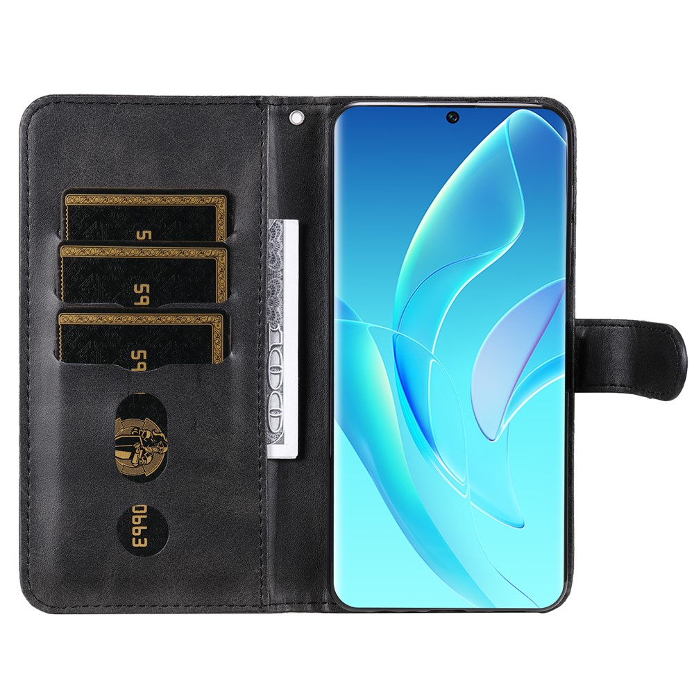 Drop Proof PU Leather Zippered Pocket Phone Case Coin Holder Wallet Stand Folding Case for Honor 60 - Black-4