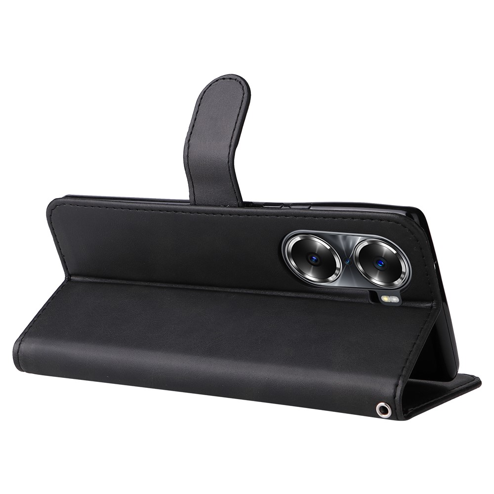 Drop Proof PU Leather Zippered Pocket Phone Case Coin Holder Wallet Stand Folding Case for Honor 60 - Black-5