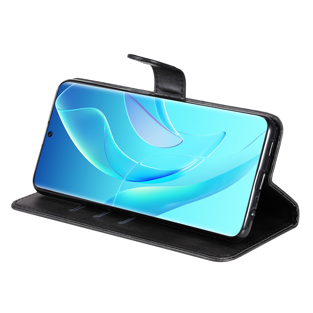 Drop Proof PU Leather Zippered Pocket Phone Case Coin Holder Wallet Stand Folding Case for Honor 60 - Black-7