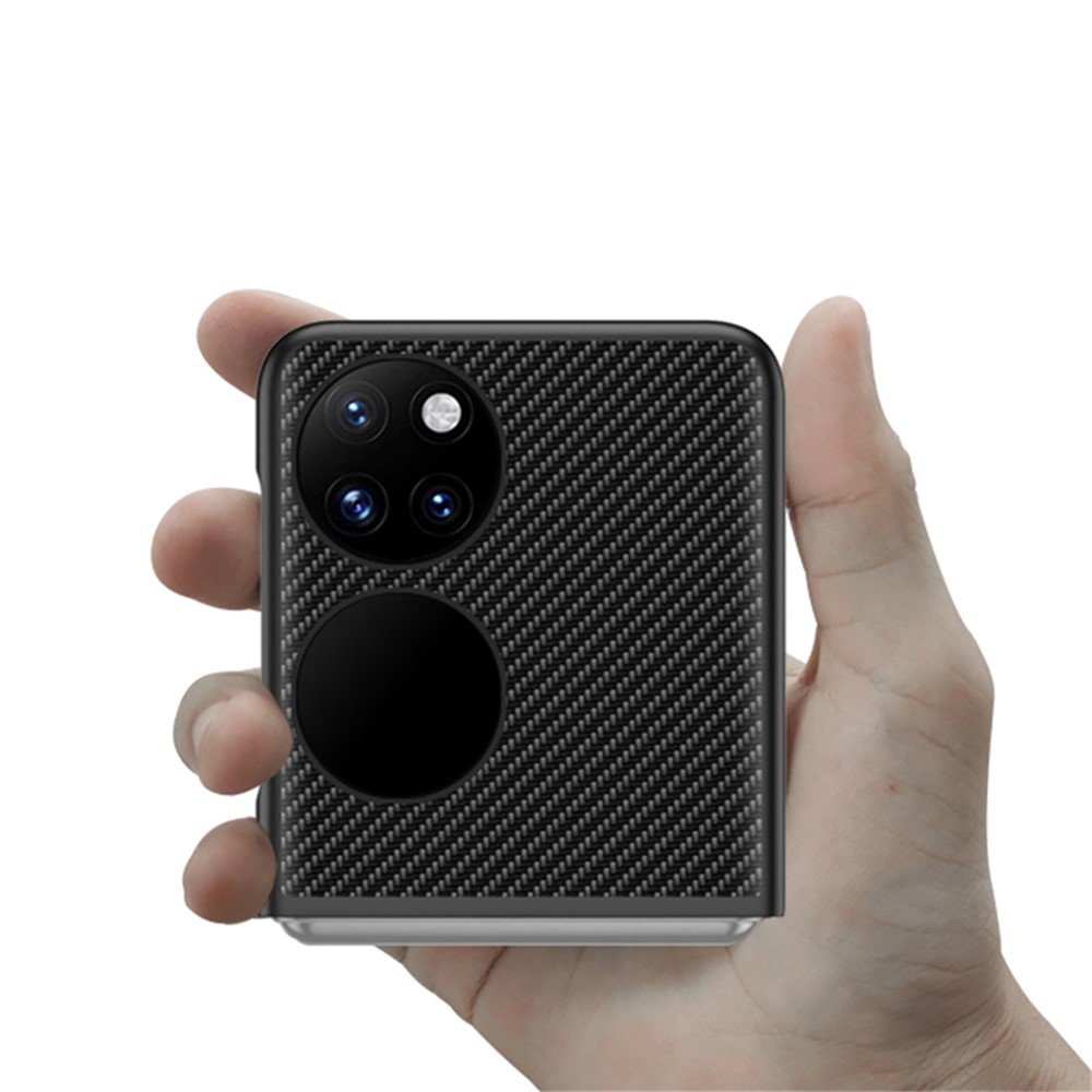 Ultra-slim Anti-scratch Carbon Fiber Texture Genuine Leather Coated PC Phone Cover for Huawei P50 Pocket - Black-3