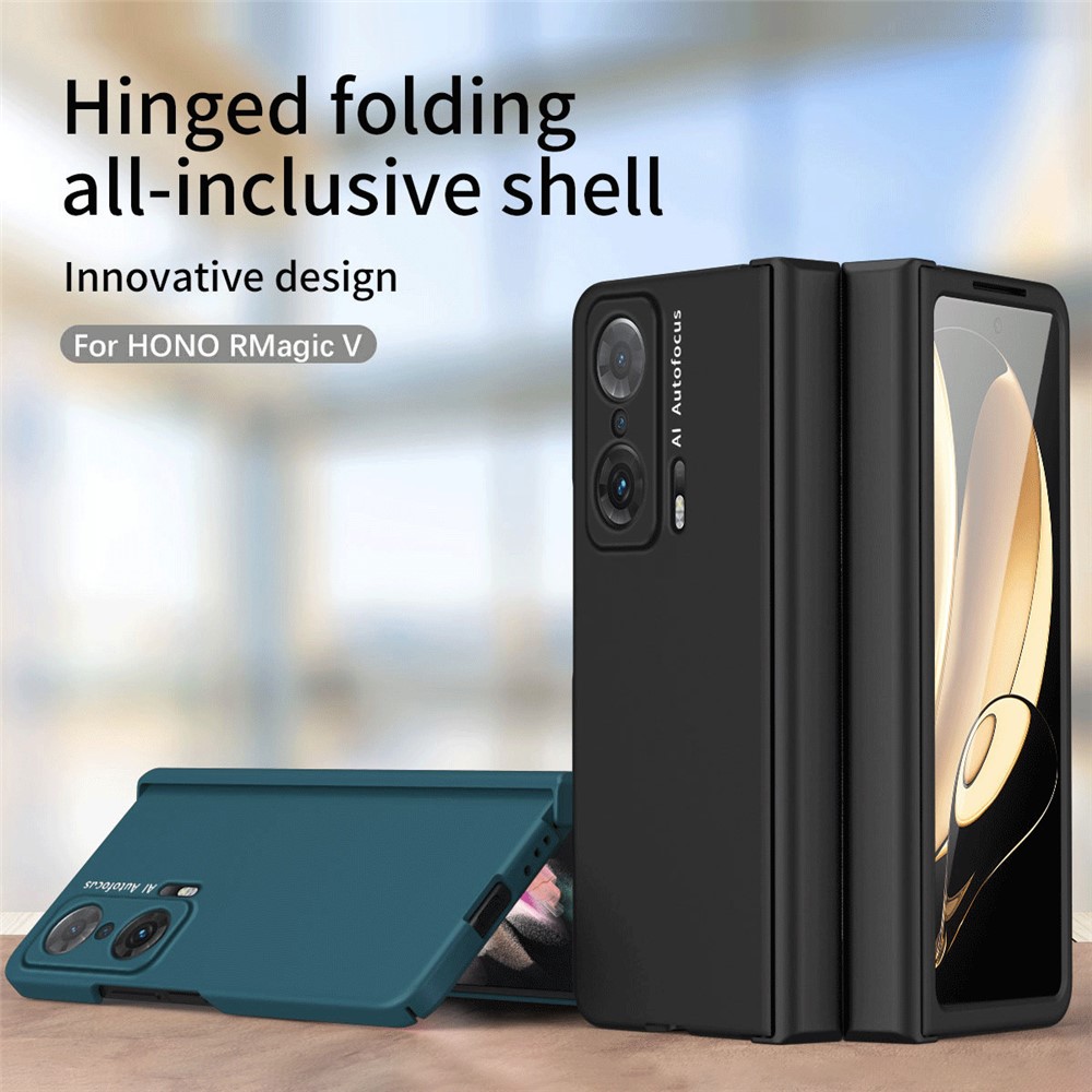 For Honor Magic V Hinge Design All-round Coverage Hard PC Folding Phone Case Cover with Glass Screen Protector - Green-5